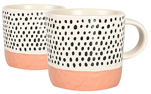 Nicola Spring Ceramic Coffee Mugs Set - 385ml - 2pc Pink Dipped Dots Stoneware Coffee Cups Dishwasher & Microwave Safe Large Tea Mugs for Hot Drinks, Hot Chocolate, Tea