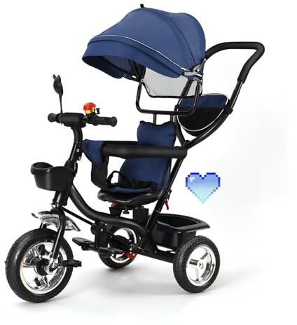 4 in 1 Kinderdreirad Tricycle für Kinder ab 12 Monate bis 5 Jahren mit Abnehmbarer Sonnendach&Schubstange Dreiräder,Jogger, mit Dachfenster, Sicherheitsgurte, 360 Grad Drehbar, Freilaufrad