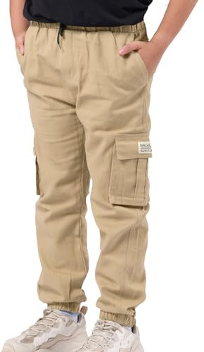 NATUST Jungen Cargohose Kinder Freizeithose Jogginghose Jungs Cargo Hose mit Elastischem Bund Khaki 170/176