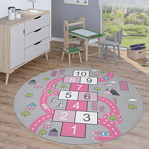 Paco Home Kinderteppich Teppich Rund Kinderzimmer Spielteppich Straßenteppich Modern rutschfest Junge Mädchen, Grösse:160 cm Rund, Farbe:Pink
