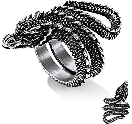 Bestyle Vintage Punk Ringe Drachen Schmuck Silber, Edelstahl Gothic Ring Herren Retro Drachen Ring Offen Finger Schmuck für Männer Frauen Silber 64.7(20.6)
