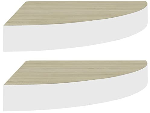 vidaXL 2X Eck Wandregal Eckregal Bücherregal Hängeregal Schweberegal Wandablage Regal Dekoregal Büroregal Wohnzimmer Eiche Weiß 25x25x3,8cm MDF