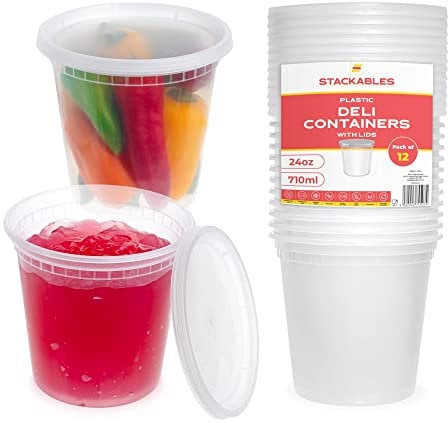 STACKABLES Frischhaltedosen-Set aus Kunststoff, rund, 709 ml, mit Deckel, wiederverwendbar, spülmaschinen- und mikrowellengeeignet, 12 Stück