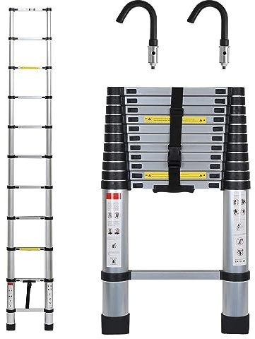 Herrselsam 3.2M Aluminium Teleskopleiter, Ausziehbare Leiter mit 2 Abnehmbarem Haken, Multifunktionsleiter, Teleskop Rutschfester Max Belastung 150 kg, Ausziehleiter Mehrzweckleiter Silber
