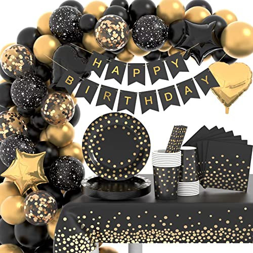 Partygeschirr Set, Schwarz Gold Geburtstag Party Geschirr, Pappteller Kindergeburtstag mit Luftballons Tischdecken Tassen Strohhalme Servietten für Geburtstags deko Mädchen Junge Partys 16 Gäste