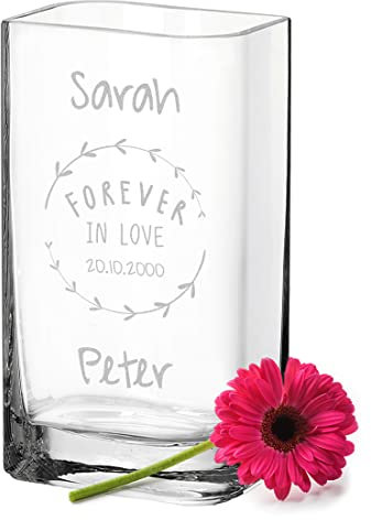 Vase à fleurs en verre avec gravure personnalisée pour mariage - Vase en verre personnalisé pour fleurs - Cadeau de mariage pour les couples - Parfait pour un anniversaire - Pièce unique faite à la