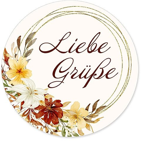 50 Aufkleber LIEBE GRÜßE - Blumenmotiv Rund Ø 4,5 cm, Besondere Anlässe Grüße, Motiv-Sticker