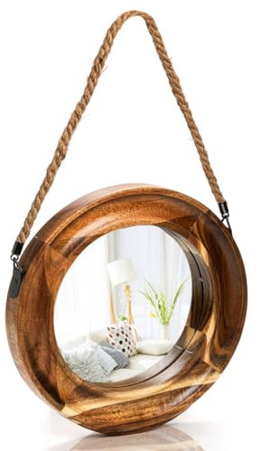 Noamus Runder Akazienspiegel mit Seil zum Aufhängen, 25,4 cm, Kreis, Holzrahmen, dekorativer rustikaler Wandspiegel, Bauernhaus-Make-up, Schminkspiegel für Badezimmer, Wohnzimmer, Büro