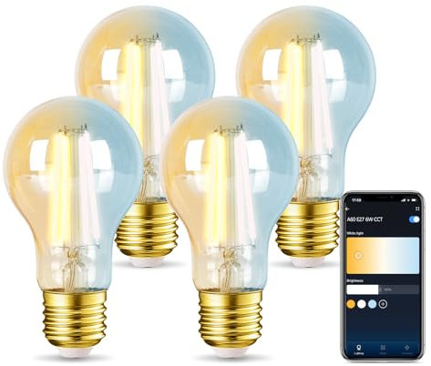 Aigostar Edison Bombillas Alexa LED E27 Bombillas Inteligentes 6W 806LM WIFI Bombilla Vintage A60 Bombillas Filamento Regulable 2700K-6500K, compatible con Alexa/Google Home. ámbar 4 Unidades