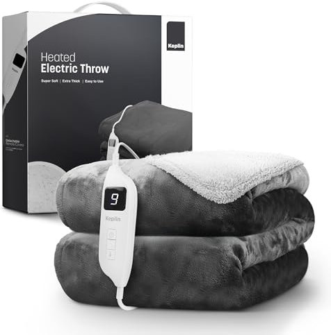 KEPLIN Large Electric Heated Throw Blanket - Electric Heated Blanket Throw for Bedspread 9 Heat Settings & Timer, Machine Washable Fleece Wool Duvet, Throws Overblanket 160x130cm - Grey/Cream Sherpa