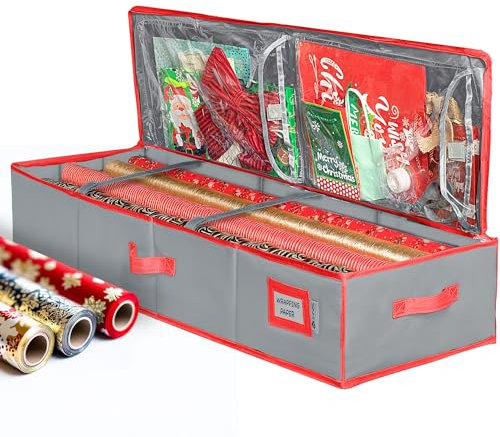 Premium Geschenkpapier-Aufbewahrungsbehälter – strapazierfähiges Material 600D reißfest – passend für bis zu 27 Papierrollen – Extra Taschen für Bänder und Schleifen –