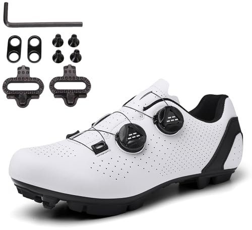 PENXZT Zapatillas de Ciclismo BTT para Hombre Zapatillas de Ciclismo BTT para Mujer, Compatibles con Pedales Shimano SPD de 2 Pernos con Calas, Calzado para Bicicleta,Blanco,46 EU