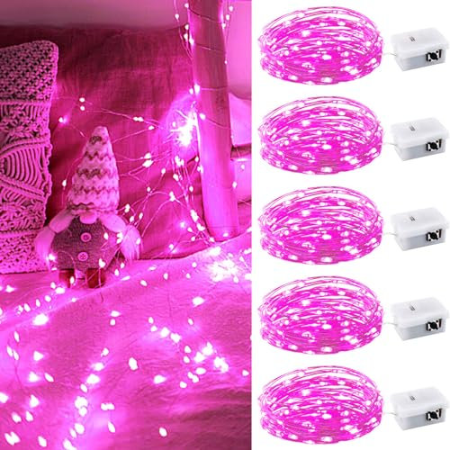 BROTOU LED String Lights, 3 Modes 3M 30 LED Battery Operated Fairy Lights, Waterproof Copper Wire Lights for in/Outdoor Decoration, DIY Parties of Christmas, Halloween, Birthday (Pink, 5 Pack)