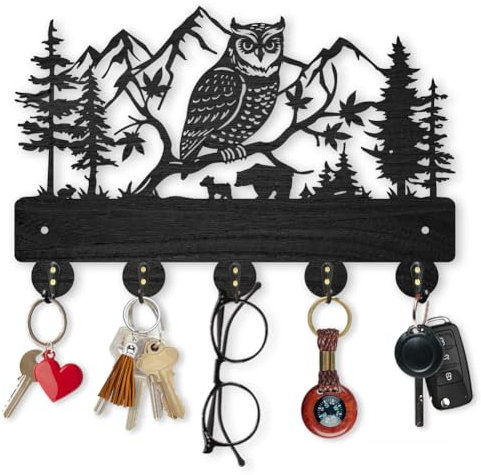 MAYJOYDIY Hölzern Eulen Bergwaldmotiv Schlüsselhalter 30x20cm Waldtier Bergmotiv An Der Wand Montierter Kleiderbügel Mit 5 Metallhaken Schwarzer Schlüsselständer Für Heimkunstdekor Haustür