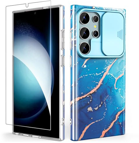 SHEDEER für Samsung S24 Ultra Hülle mit Schieberegler Kameraabdeckung + Schutzfolie, Samsung Galaxy S24 Ultra Hülle Ultradünn Leicht, Glänzend Fade-Resistant Muster-Design Handy Case (Blau)