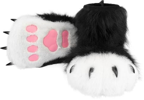 hbbhml Pantofole pelose con animali, orso, gatto, lupo, cane, volpe, pelo, piedi, zampa, artiglio, scarpe, stivali pelosi, accessori per costume per adulti e bambini, Nero Bianco 2, One Size Women/One