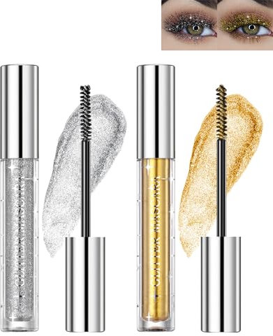 Glitter Mascara-2 Farben Gold Silber 4D Glitzer Wimperntusche, Glänzende Diamant Langlebige Volumizing Curling Verlängerung Wimpern, Wischfester Schimmern Augen Makeup Für Frauen Partys-Gold Silver