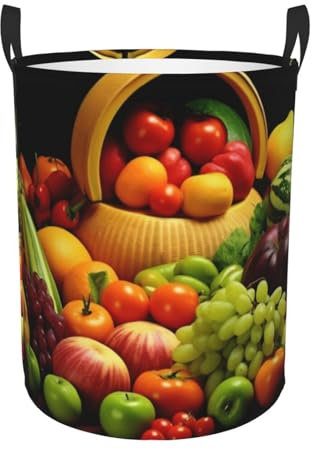 Cesto portabiancheria circolare/varietà di verdure fresche/frutta/cesto pieghevole per vestiti sporchi, con manici, resistente all'acqua, per camera da letto e bagno, 50 x 40 cm