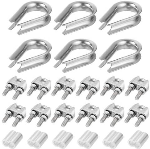 sourcing map M8 Wire Rope Accessory Set for 5/16 Dia Wire Rope, 12Pcs Wire Rope Cable Clip Clamp, 6Pcs Thimble Rigging, 6Pcs Aluminum Crimping Loop Sleeve