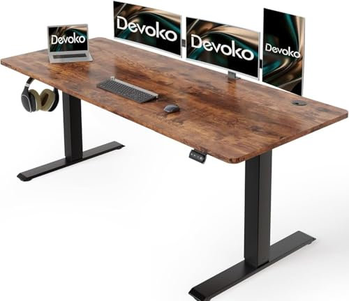 Devoko Höhenverstellbarer Schreibtisch 160 x 70 cm mit Kabelwanne, Elektrisch Höhenverstellbarer Stabiler Stehpult, Computertisch 2-Funktions-Memory, Ergonomischer Steh-Sitz Tisch (Vintage-Braun)