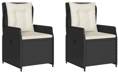 vidaXL Gartensessel 2 STK., Gartenstuhl mit Kissen Stahlrahmen, Loungesessel für Außenbereich, Stuhlset, Verstellbar Schwarz Poly Rattan