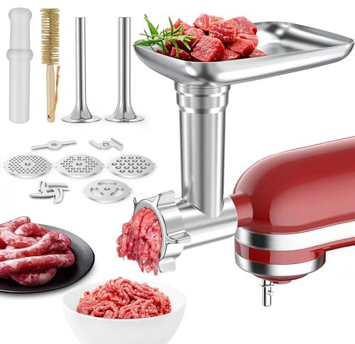 Metal Food Grinder Attachment for KitchenAid Stand Mixers, Meat Grinder Accessories Including Sausage Stuffer Tubes & Holder, Grinding Plates, Grinding Blades