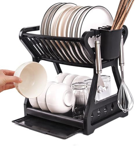 Escurridor de platos de cocina, escurridor de platos de cocina, escurridor de platos de 2 niveles, soporte para utensilios, escurridor de platos con escurridor extraíble para cuencos y platos