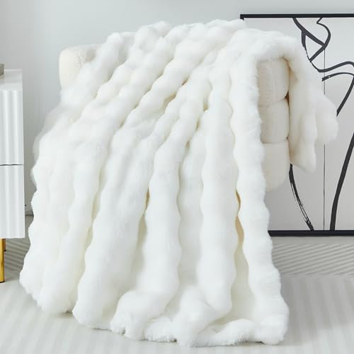 Kuscheldecke Kaninchen Plüsch Flauschige Decke Soft Wohndecke Dick 1000GSM Flanell Decke Couchdecke Warme Überwurfdecke Sofadecke Vielseitig Blanket Für Bett Sofa Schlafzimmer Büro Weiß 100x160cm