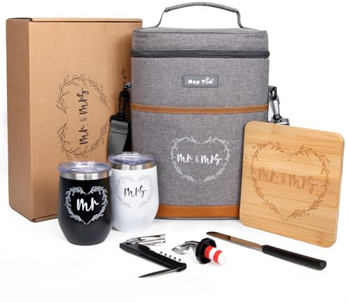 Hap Tim Regalos de boda para parejas, regalos de despedida de soltera, regalos de compromiso para recién casados, regalos de Mr and Mrs – Bolsa térmica de vino con vasos, queso de bambú Borad