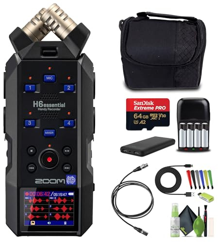 Zoom H6essential Handy Recorder 6-Track 32-Bit Float Portable Audio Recording (2024 Model) Stereo Microphones, 4 XLR/TRS Inputs, USB Audio Interface, for Musicians, Podcasters and Filmmakers Bundle