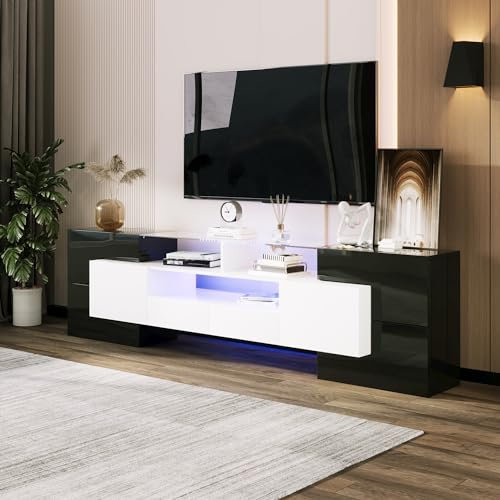 MSMOK Elegante Mobile TV Lowboard 200 cm Illuminazione LED Mobili Soggiorno Design Moderno Elegante Finitura Vetro (Bianco e Nero + Truciolare)