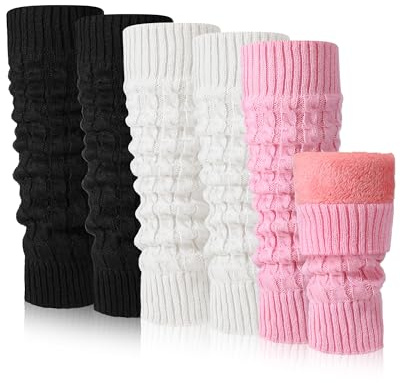 Chuarry 3 Pairs Winter Fleece Lined Leg Warmer for Women Skating Leg Warmer Long Boot Socks for Women Skating Every Day Wear, Black,white,pink, One Size