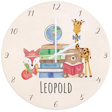 wunderwunsch® - Personalisierte Wanduhr Kinder aus Holz mit Spezial-Druck - Lautloses Uhrwerk mit Aufhängung - Babyzimmer Deko Kinderzimmer (Schultiere)