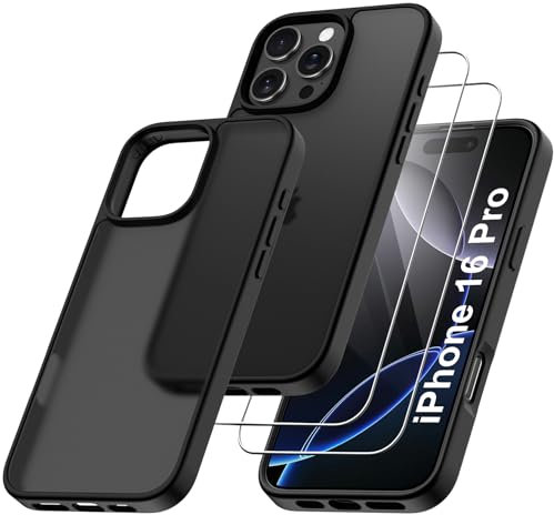 Qasyfanc Hybrid Cover Compatibile con iPhone 16 Pro con Protezione Fotocamera, Custodia Compatibile con iPhone 16 Pro [Antiurto Militare] Sottile Antigiallo e 2 Pellicola Vetro Temperato, Nero