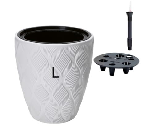 MELTOM Maceta con sistema de riego, redonda, alta y baja, efecto 3D, decorativa, 4 colores (blanco, L)