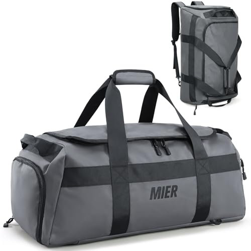 MIER Bolsa de Gimnasio para Hombre, Mochila Grande de Lona con Compartimento para Zapatos, Bolsas de Lona Convertibles de 60 L, Bolsa de Viaje para Fin de Semana, Gimnasio, Deportes, Viajes, Gris,