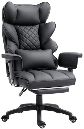 Dowinx Gaming Stuhl, Bürostuhl Ergonomisch mit Taschenfeder-Kissen, Chefsessel mit Doppellagige weiche Rückenlehne und verstellbare Lendenkissen, Armlehnen und Fußstütze, PU, Schwarz