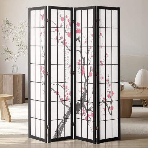 VEVOR Cloison de Séparation Japonaise à 4 Panneaux, Séparateur de Pièce Pliable en Bois, Paravent de Confidentialité, pour Séparation de Pièce, Maison, Bureau et Chambre à Coucher, Fleurs de Cerisier