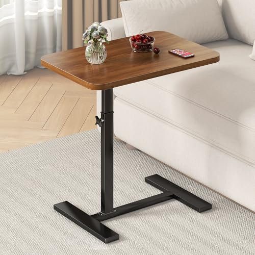 Beistelltisch C Form Höhenverstellbar, Klein Couchtisch Holz Sofatisch mit Versteckten Rollen, C Form Laptop Stand Beistelltisch für Couch Sofa, Mobiler Kaffeetisch Side Table für Wohnzimmer(Nussbaum)