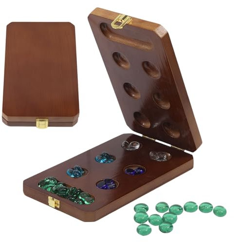 CHGCRAFT Tabla de madera y piedras de cristal multicolor, 48 + 24 piedras de cristal multicolor, juego de mesa de Mancala, juego de mesa para el día a día, fiesta, festival, familia, noche de juegos