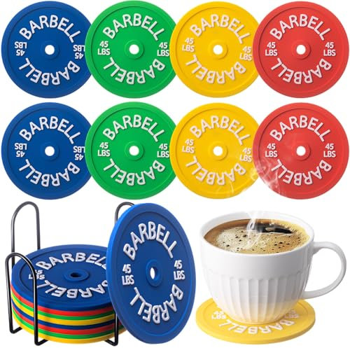 Blushtier 8 Pcs Barbell Bumper Plate Cool Coasters Round Silicone Coasters Weight Plate Coaster with Rack Holder for Gym Decoration Gifts for Gym Lovers Gym Accessories Gifts (Colorful)