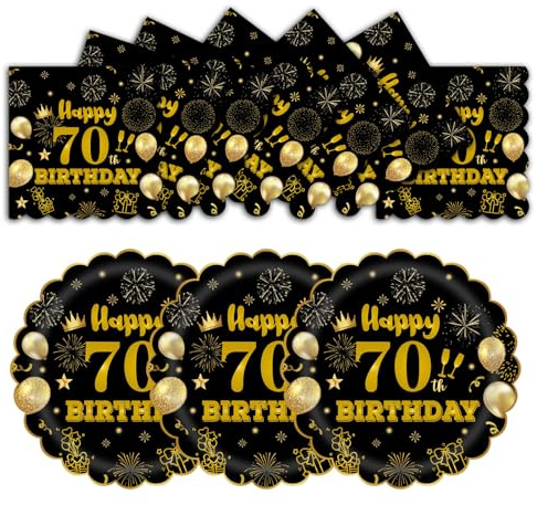 HFBOBP 50 Stück 70. Geburtstag Party Pappteller und Servietten, 17.78cm Schwarz und Gold Scalloped Dessert Partyteller Party für Hochzeit Jahrestag Dekorationen