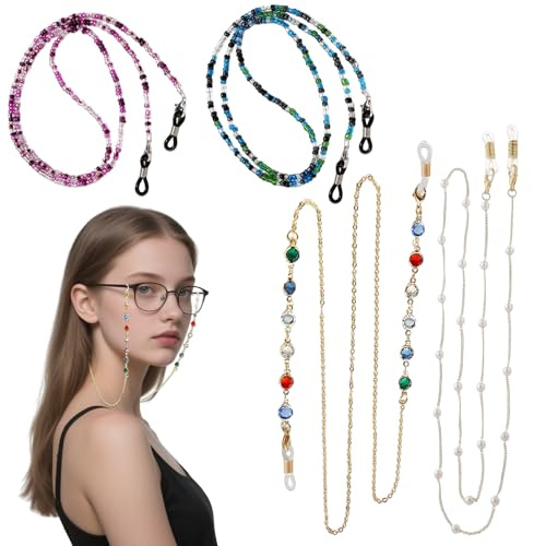 LDBKLGHJ 4er Pack Brillenketten Damen Anti-Rutsch Gold Weiß Grün Lila Geeignet für Sport und Alltag Elegante Brillenketten Modern