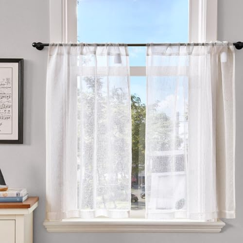 TOPICK Scheibengardinen 2er Set Bistrogardine Leinenoptik H90xB65 Beige | Scheibengardinen Halbtransparent Kurzgardine Landhausstil Vorhänge mit Stangedurchzug Leinenoptik Küchengardinen Wohnzimmer