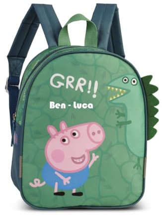 Kindergartenrucksack Peppa Pig mit Dino, Personalisiert mit Name, Rucksack Kinder Kita Kindergarten mit Vortasche, Kinderrucksack Jungen grün