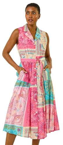 Roman Originals Abstract Print Button Shirt Dress for Women UK - Ladies Everyday Holiday Spring Summer V-Neckline Comfy Soft Evening Vacation Work Party - Pink - Size 16