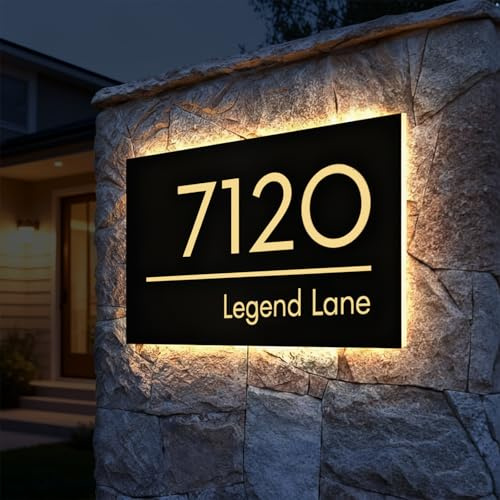 Custom Solar Backlit LED House Number Sign for Outside, Modern Illuminated Address Plaque for Home, Personalized Stainless Steel Lighted Yard Sign - Waterproof