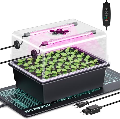 HG Power Mini Serra Germinazione con Lampada LED e Tappeti Riscaldati, Vassoio Germinazione 30 Celle con Cupola, Kit per Piantine, Ortaggi ed Erbe