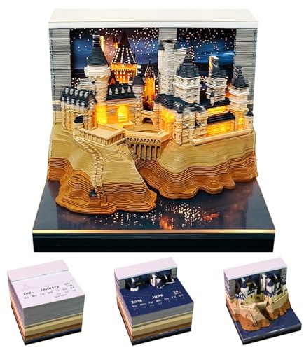 3D Tischkalender Abreißen 2026, 3D Notizblock Kalender mit Licht, Kreative Castle Papier Schnitzerei Kunst Schreibtisch Kalender, DIY Schloss Dekoration für Weihnachten Neujahr Geschenk