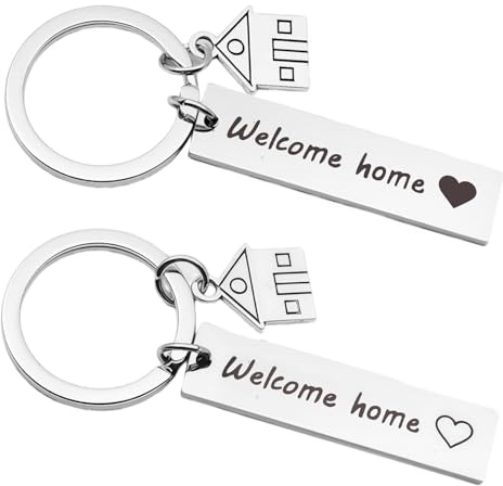 Vyqrx 2 Stück Willkommen zu Hause Schlüsselanhänger,Einweihungsparty Geschenk, Erste Zuhause Schlüsselbund mit Haus Anhänger Personalisiert Edelstahl Schlüsselanhänger